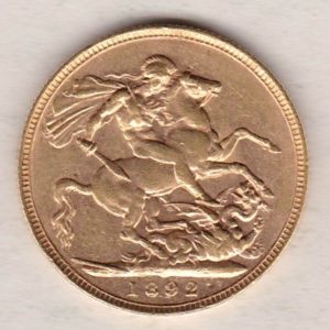 1892 Gold Sovereign Coin featuring Queen Victoria Jubilee Head on the Obverse and St George & the Dragon on the Reverse. London Mint.