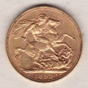 1893 M Gold Sovereign Coin featuring Queen Victoria Jubilee Head on the Obverse and St George & the Dragon on the Reverse. Melbourne Mint.