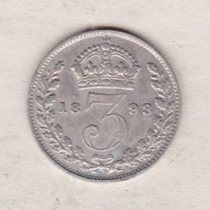 1893 Silver Threepence coin featuring the portrait of Queen Victoria on the Obverse. The Reverse features a crowned denomination dividing the date.