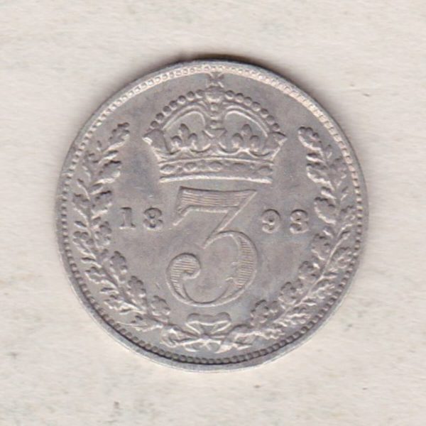 1893 Silver Threepence coin featuring the portrait of Queen Victoria on the Obverse. The Reverse features a crowned denomination dividing the date.