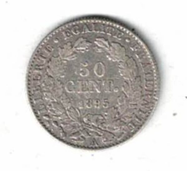 1895 A France Silver Fifty Centimes Coin. The obverse features the bust of the Republic on the left as Ceres, goddess of the harvest.