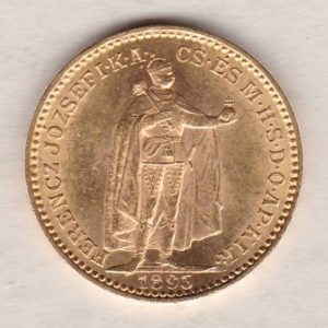 1895 Hungary Gold 20 Korona coin featuring the Emperor Francis Joseph I on the reverse. The obverse features a crowned shield with angel supporters.