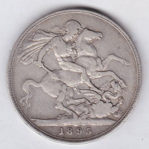 1895 LIX Silver Crown Coin featuring Queen Victoria old head or vailed head on the Obverse and the St George & dragon design on the reverse.