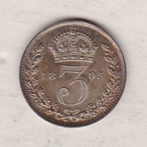 1895 Silver Threepence coin featuring the portrait of Queen Victoria on the Obverse. The Reverse features a crowned denomination dividing the date.
