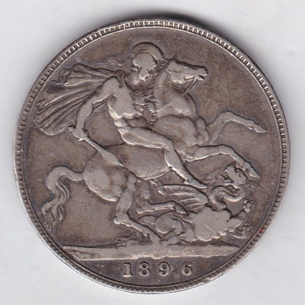 1896 LX silver crown coin featuring Queen Victoria old head or vailed head on the Obverse and the St George & dragon design on the reverse.