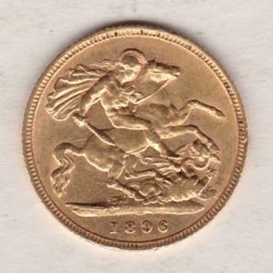 1896 Gold Half Sovereign Coin featuring Queen Victoria Old Head on the Obverse and George & the Dragon on the Reverse in very fine condition.
