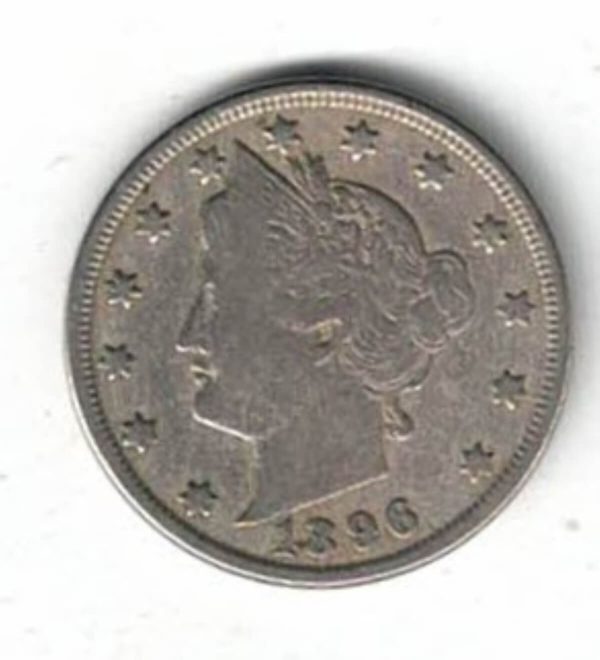 1896 USA Liberty Nickel Five Cents Coin. The Obverse features 13 stars around Liberty, date below. The reverse features a V within a wreath.