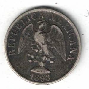 1898 Cn M Mexico Silver Twenty Centavos Coin. The obverse features the national arms with eagle with snake in beak standing on cactus and date at bottom