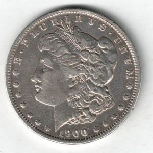 1900 O Silver USA Morgan Dollar coin featuring lady liberty on the obverse. The eagle holding arrows and an olive branch on the reverse.