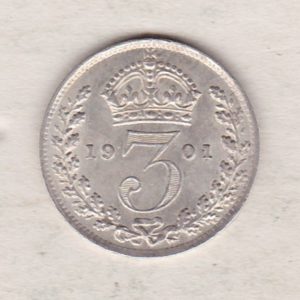 1901 Silver Threepence coin featuring the portrait of Queen Victoria on the Obverse. The Reverse features a crowned denomination dividing the date.