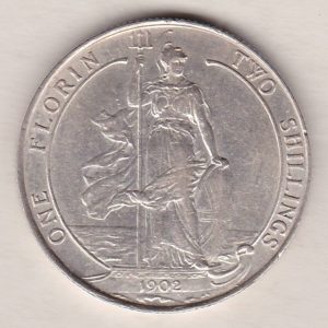 1902 Silver Florin coin. The portrait of King Edward VII on the Obverse. With the standing figure of Britannia on the reverse.