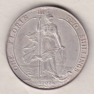 1902 Matt Proof Silver Florin coin. The portrait of King Edward VII on the Obverse. With the standing figure of Britannia on the reverse.