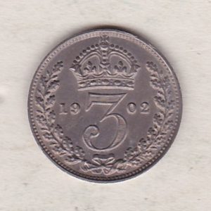 1902 Matt Proof Silver Threepence coin featuring King Edward VII on the Obverse. The Reverse features a crowned denomination dividing the date.