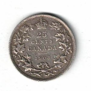 1903 Canada Silver Twenty Five Cent Coin. The obverse side of the coin features Edward VII facing right. All coins are in stock for dispatch.