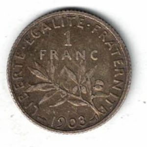 1903 France Silver One Franc Coin. The obverse features  a national emblem of the French Republic. The reverse features an olive branch.