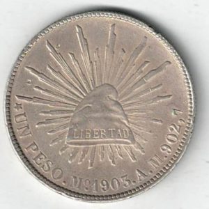1903 Mo Am Mexico Silver One Peso Coin. The obverse features the national arms of mexico with eagle & snake. All coins are instock.