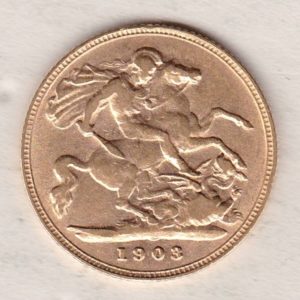 1903 Gold Half Sovereign Coin featuring King Edward VII on the Obverse and George & the Dragon on the Reverse in a plastic coin envelope.