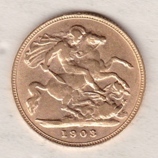 1903 Gold Half Sovereign Coin featuring King Edward VII on the Obverse and George & the Dragon on the Reverse in a plastic coin envelope.