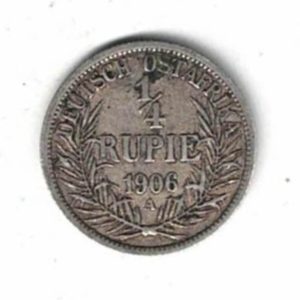 1906 A German East Africa Silver Quarter Rupee Coin. The obverse features the bust of Wilhelm II facing left. All coins are in stock.
