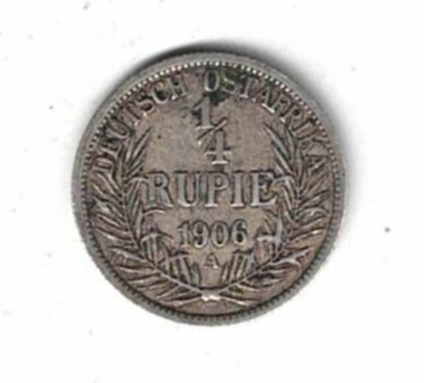 1906 A German East Africa Silver Quarter Rupee Coin. The obverse features the bust of Wilhelm II facing left. All coins are in stock.