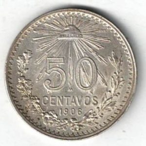 1906 Mexico Silver Fifty Centavos Coin. The obverse features an eagle & snake. The reverse features a Liberty cap. All coins are instock.