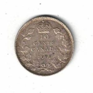 1907 Canada Silver Ten Cent Coin. The obverse side of the coin features Edward VII facing right. All coins are in stock for dispatch.