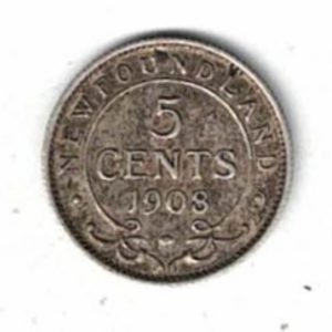 1908 Newfoundland Canada Silver Five Cent Coin. he Reverse features the face value and year of issue in the centre, surrounded by a decorative circle.