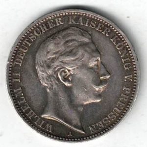 1909 A Germany Silver Three Mark Coin featuring the bust of Wilhelm II on the obverse. The crowned imperial eagle on the reverse.