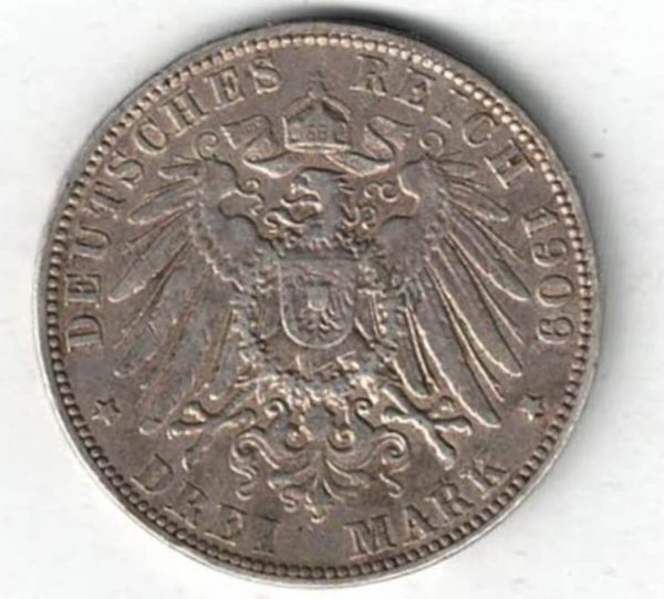 1909 J Germany Silver Three Mark Coin - Image 2