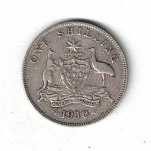 1910 Australia Silver One Shilling. The obverse features the bust of Edward VII facing right. the reverse features the Australia coat of arms.