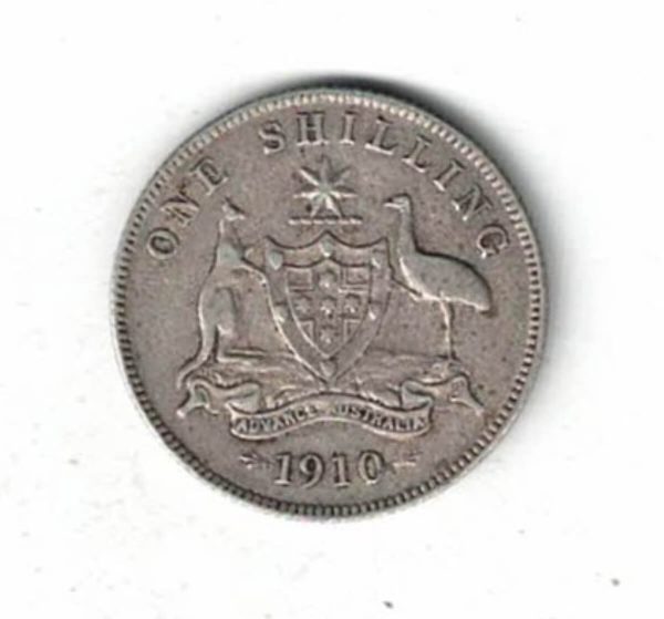 1910 Australia Silver One Shilling. The obverse features the bust of Edward VII facing right. the reverse features the Australia coat of arms.