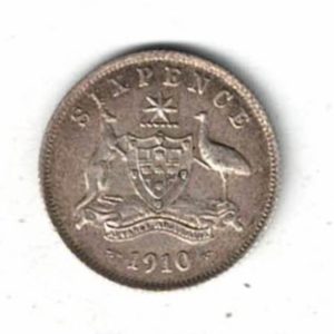 1910 Australia Silver Sixpence Coin. The obverse features the bust of Edward VII facing right. the reverse features the Australia coat of arms.