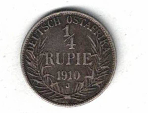 1910 J German East Africa Silver Quarter Rupee Coin. The obverse features the bust of Wilhelm II facing left. All coins are in stock.