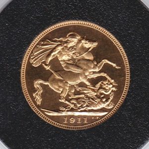 1911 Proof Gold Sovereign Coin. The coin features King George V on the Obverse. St George and the dragon on the reverse. London Mint.