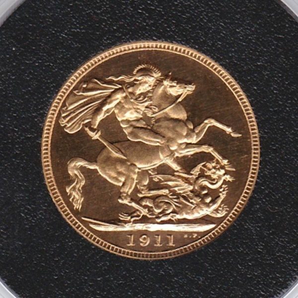 1911 Proof Gold Sovereign Coin. The coin features King George V on the Obverse. St George and the dragon on the reverse. London Mint.
