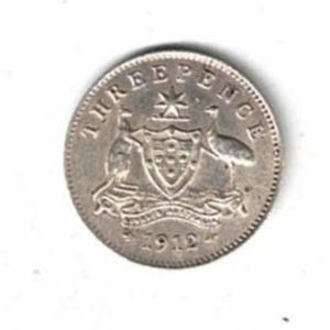 1912 Australia Silver Threepence Coin. The obverse features the bust of George V facing left. the reverse features the Australia coat of arms.