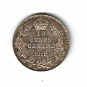 1912 Canada Silver Ten Cent Coin. The obverse side of the coin features George V facing left. All coins are in stock for dispatch.