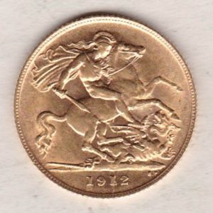 1912 Gold Half Sovereign coin featuring the portrait of King George V on the Obverse. St George and the dragon on the Reverse.