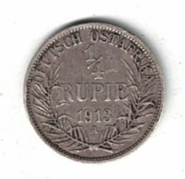 1913 A German East Africa Silver Quarter Rupee Coin. The obverse features the bust of Wilhelm II facing left. All coins are in stock.