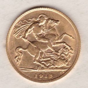 1913 Gold Half Sovereign coin featuring the portrait of King George V on the Obverse. St George and the dragon on the Reverse.