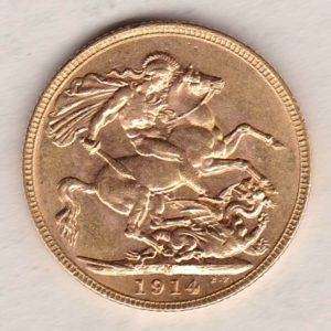 1914 M Gold Sovereign Coin. The coin features King George V on the Obverse. St George and the dragon on the reverse. The M Melbourne, Australia Mintmark.
