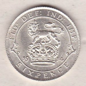 1914 Silver Sixpence coin featuring King George V on the Obverse. The Reverse features a crowned lion with date and denomination.