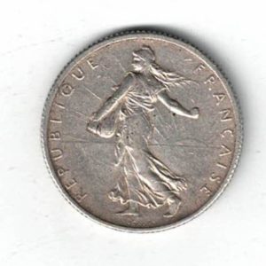1914 C France Silver Two Francs. The obverse features a figure sowing seed. The reverse features the denomination above a branch. All coins are in stock.