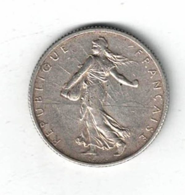 1914 C France Silver Two Francs. The obverse features a figure sowing seed. The reverse features the denomination above a branch. All coins are in stock.