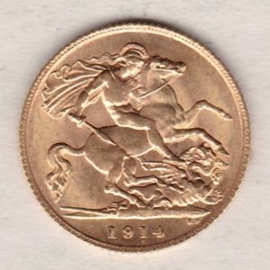 1914 Gold Half Sovereign coin featuring the portrait of King George V on the Obverse. St George and the dragon on the Reverse.
