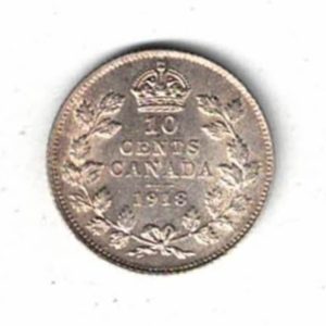 1918 Canada Silver Ten Cent Coin. The obverse side of the coin features George V facing left. All coins are in stock for dispatch.