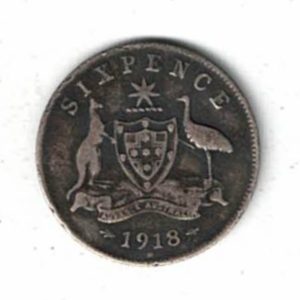 1918 M Australia Silver Sixpence Coin. The obverse features the bust of George V facing left. the reverse features the Australia coat of arms.