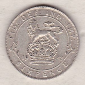 1922 Silver Sixpence coin featuring King George V on the Obverse. The Reverse features a crowned lion with date and denomination.