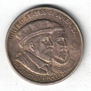 1924 USA Huguenot Walloon Tercentenary Silver Half Dollar. The reverse side of this coin the Nieuw Netherlandt sailing ship on the Hudson River.