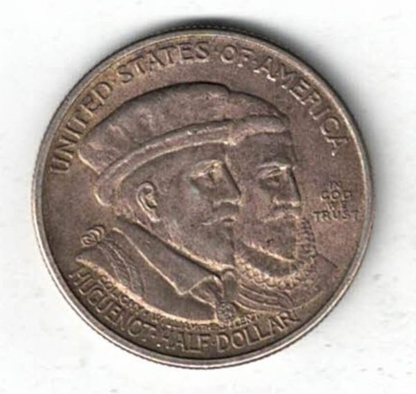 1924 USA Huguenot Walloon Tercentenary Silver Half Dollar. The reverse side of this coin the Nieuw Netherlandt sailing ship on the Hudson River.